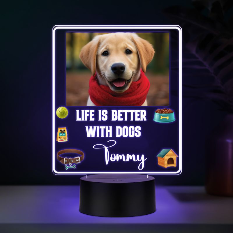 Personalized Dog Photo LED Night Lamp with Custom with Photo & Name, Life is Better with Dogs Quote, Color Changing Acrylic Light with Black Base Gift for Dog Lovers